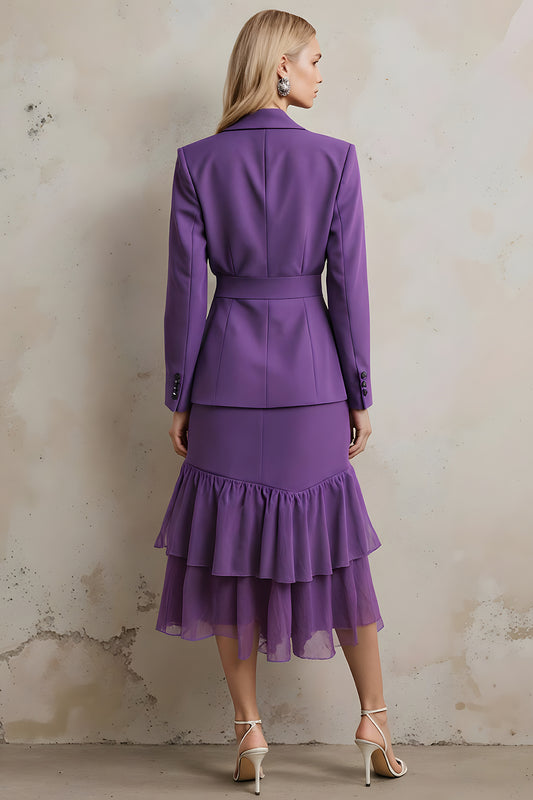 Dark Purple Long Sleeves Peak Lapel 2 Piece Prom Suits with Sash