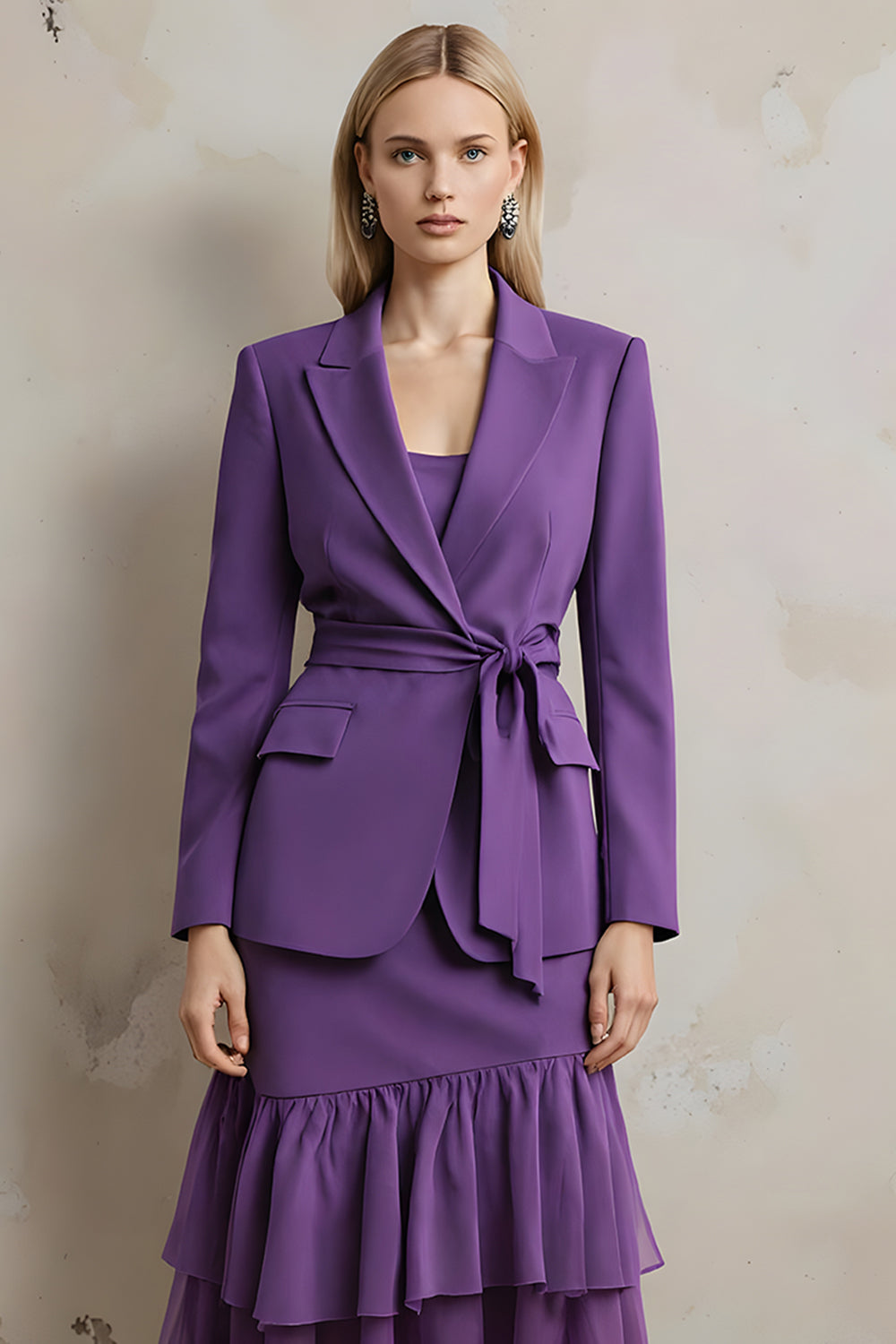 Dark Purple Long Sleeves Peak Lapel 2 Piece Prom Suits with Sash