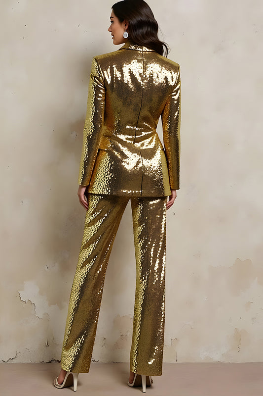 Sparkly Golden Sequins Peak Lapel Women Prom Suits