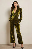 Green Velvet Prom Jumpsuit with Pockets Long Sleeves Peak Lapel Party Jumpsuits with Sash