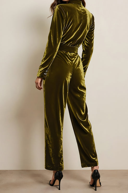 Green Velvet Peak Lapel Long Sleeves Prom Jumpsuits with Pockets