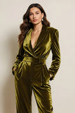 Green Velvet Peak Lapel Long Sleeves Prom Jumpsuits with Pockets