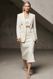 Ivory Notched Lapel Pencil 2 Piece Midi Business Suits with Slit