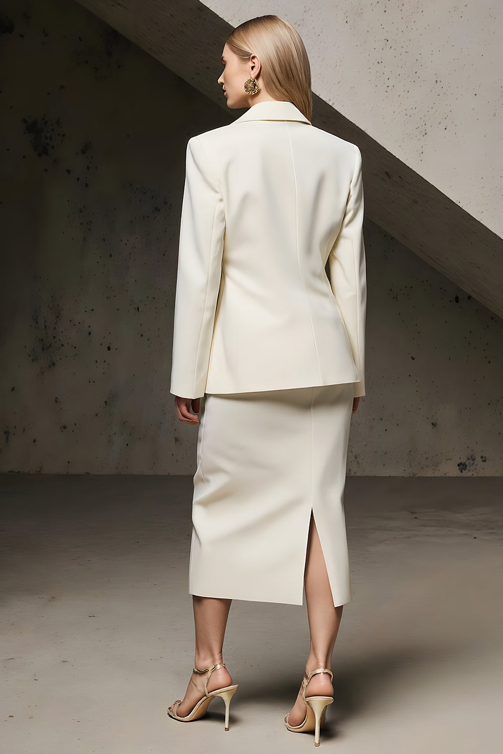 Ivory Notched Lapel Pencil 2 Piece Midi Business Suits with Slit