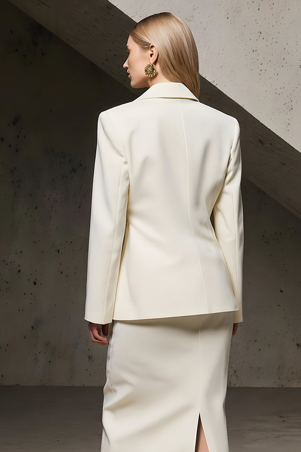 Ivory Notched Lapel Pencil 2 Piece Midi Business Suits with Slit