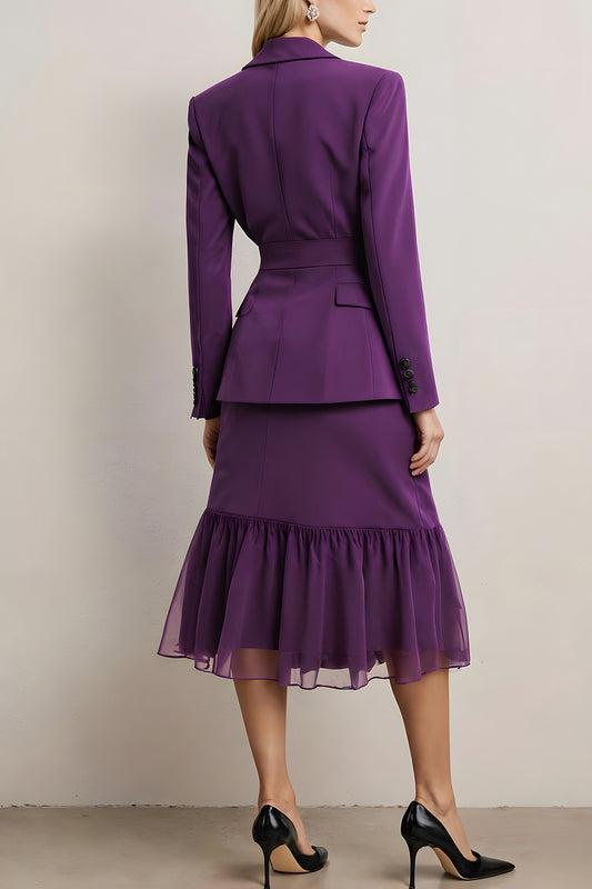 Dark Purple 2 Piece Notched Lapel Midi Business Suits with Sash
