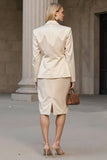 Champagne 2 Piece Single Breasted Pencil Midi Business Suits with Slit