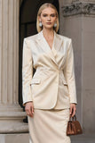 Champagne 2 Piece Single Breasted Pencil Midi Business Suits with Slit