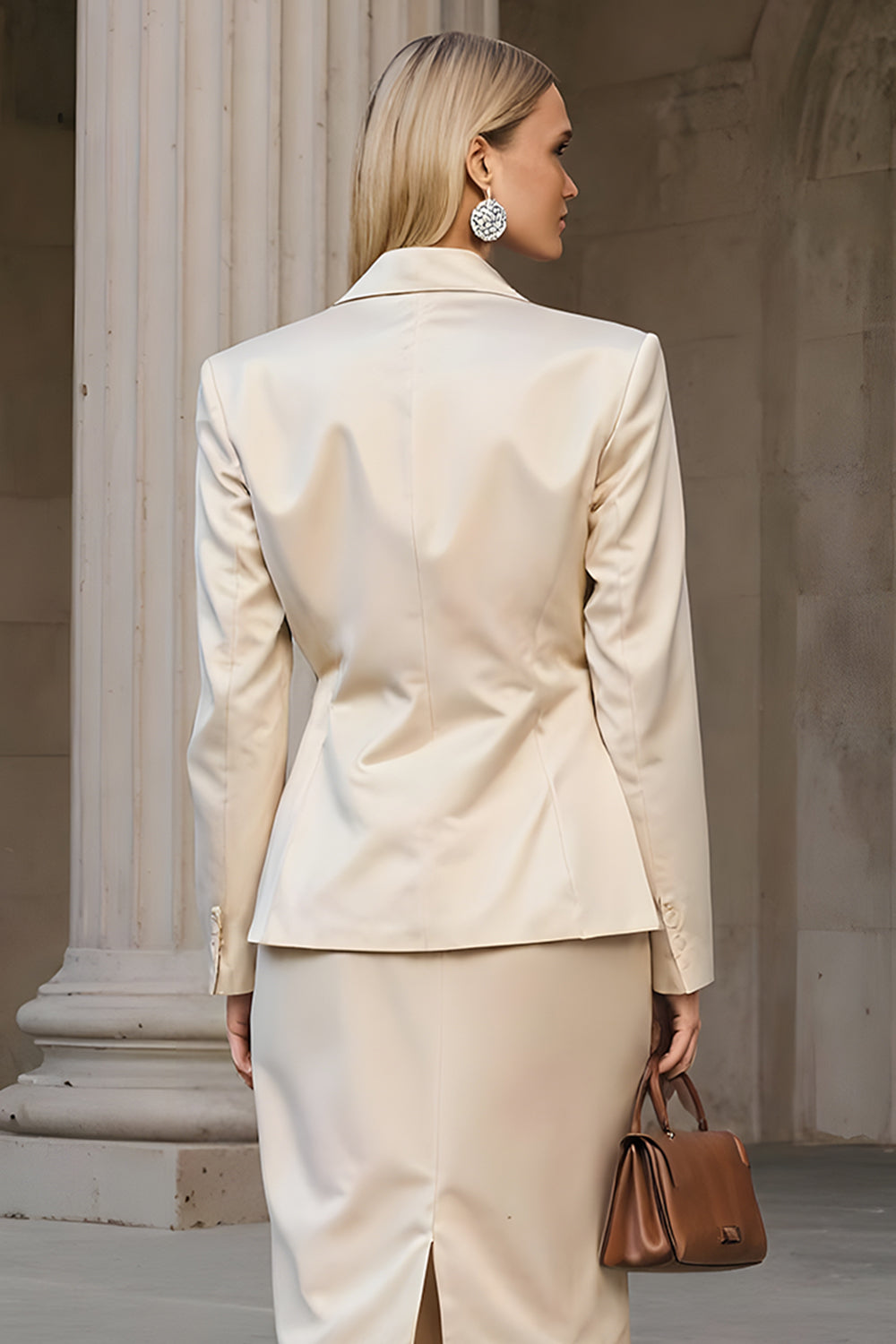Champagne 2 Piece Single Breasted Pencil Midi Business Suits with Slit