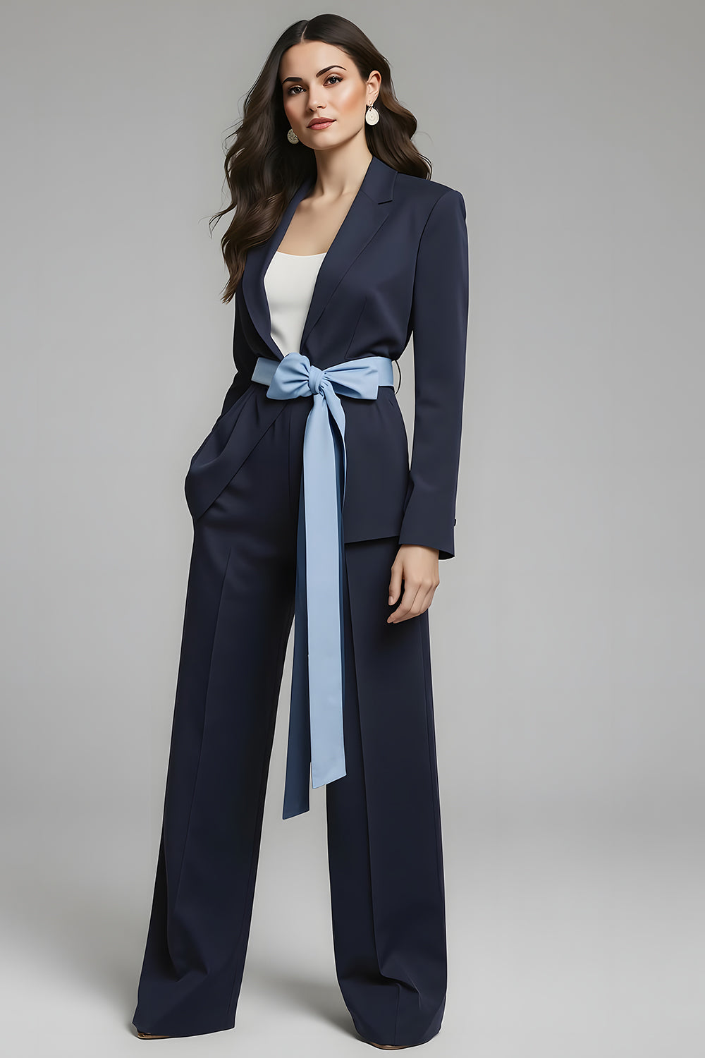 Navy 2 Piece Notched Lapel Bow Business Suits with Sash