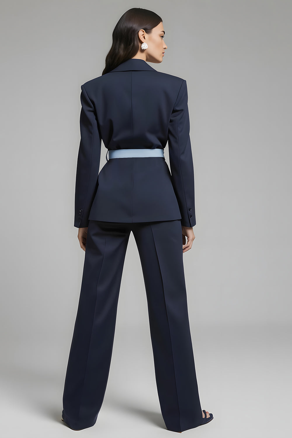 Navy 2 Piece Notched Lapel Bow Business Suits with Sash