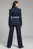 Navy 2 Piece Notched Lapel Bow Business Suits with Sash
