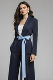Navy 2 Piece Notched Lapel Bow Business Suits with Sash