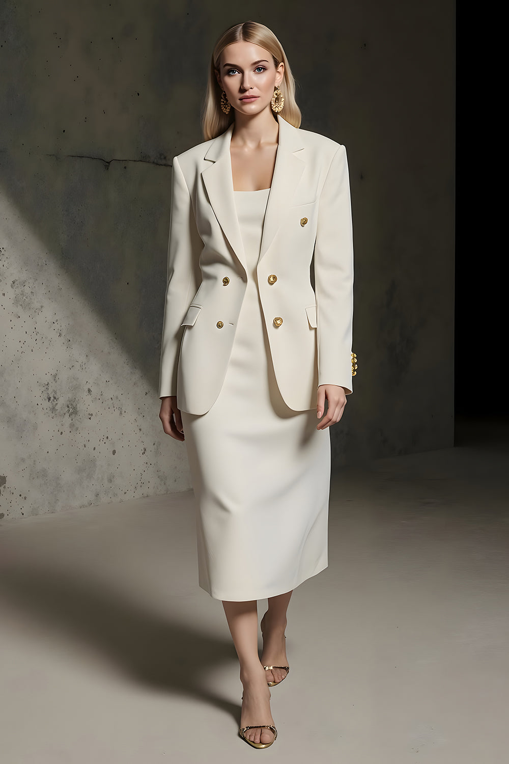 Ivory Double Breasted Pencil 2 Piece Midi Business Suits with Slit