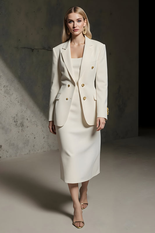 Ivory Double Breasted Pencil 2 Piece Midi Business Suits with Slit