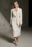 Ivory Double Breasted Pencil 2 Piece Midi Business Suits with Slit