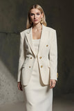 Ivory Double Breasted Pencil 2 Piece Midi Business Suits with Slit