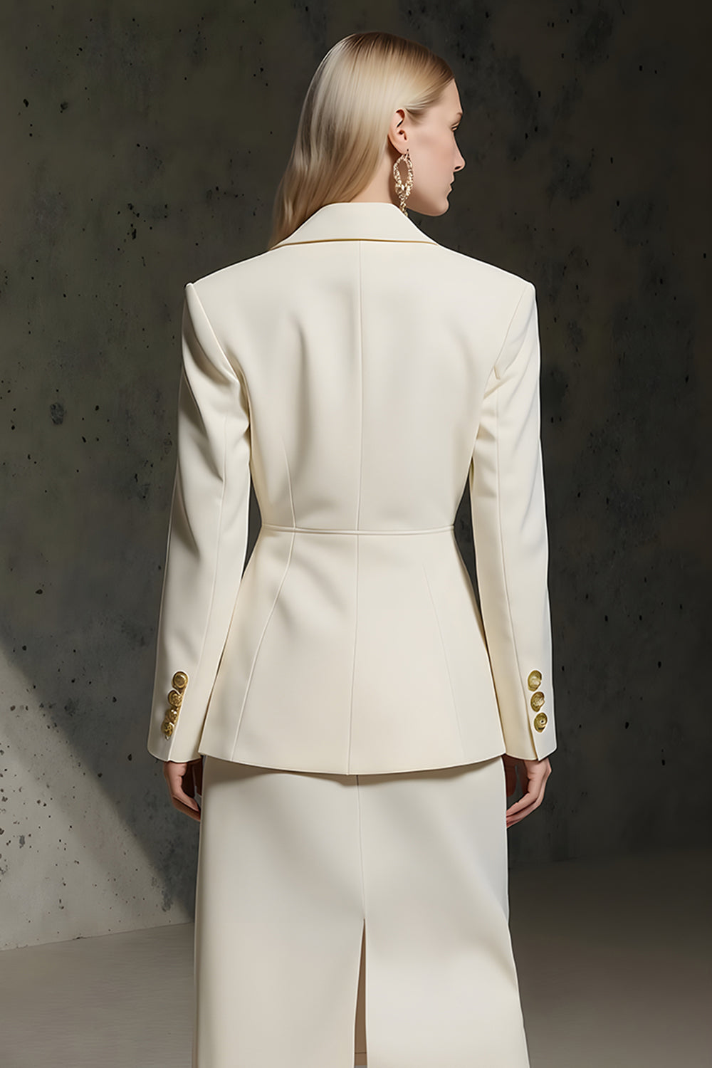 Ivory Double Breasted Pencil 2 Piece Midi Business Suits with Slit