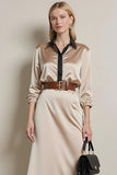 Champagne Long Sleeves Collar Neck Midi Work Dress with Belt