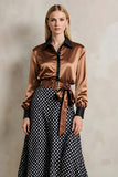 Brown Black Dots Collar Neck A Line 2 Piece Midi Workwear with Belt