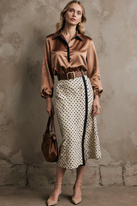 Brown White Dots Collar Neck Pencil 2 Piece Midi Workwear with Belt