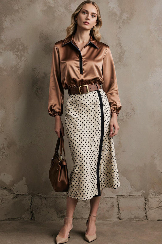 Brown White Dots Collar Neck Pencil 2 Piece Midi Workwear with Belt
