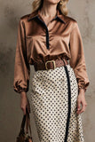 Brown White Dots Collar Neck Pencil 2 Piece Midi Workwear with Belt