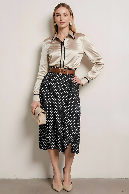 Champagne Black Dots 2 Piece Collar Neck Pencil Midi Workwear with Belt
