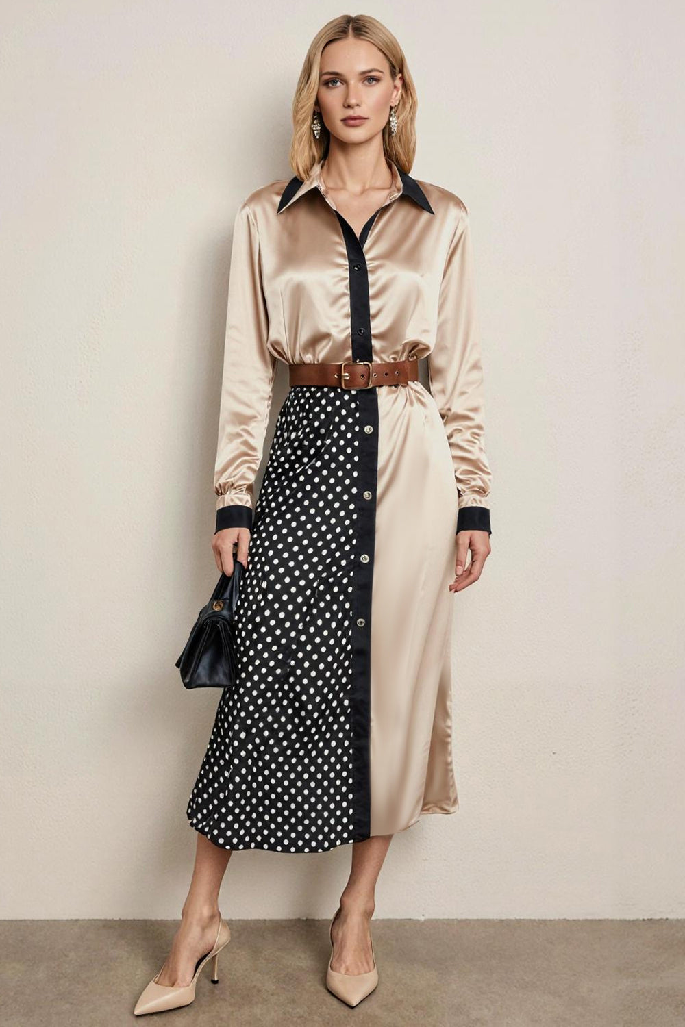 Champagne Collar Neck Long Sleeves Pencil Midi Work Dress with Belts