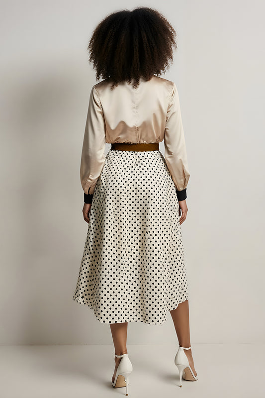 Champagne 2 Piece Satin A-Line Long Sleeves Midi Workwear