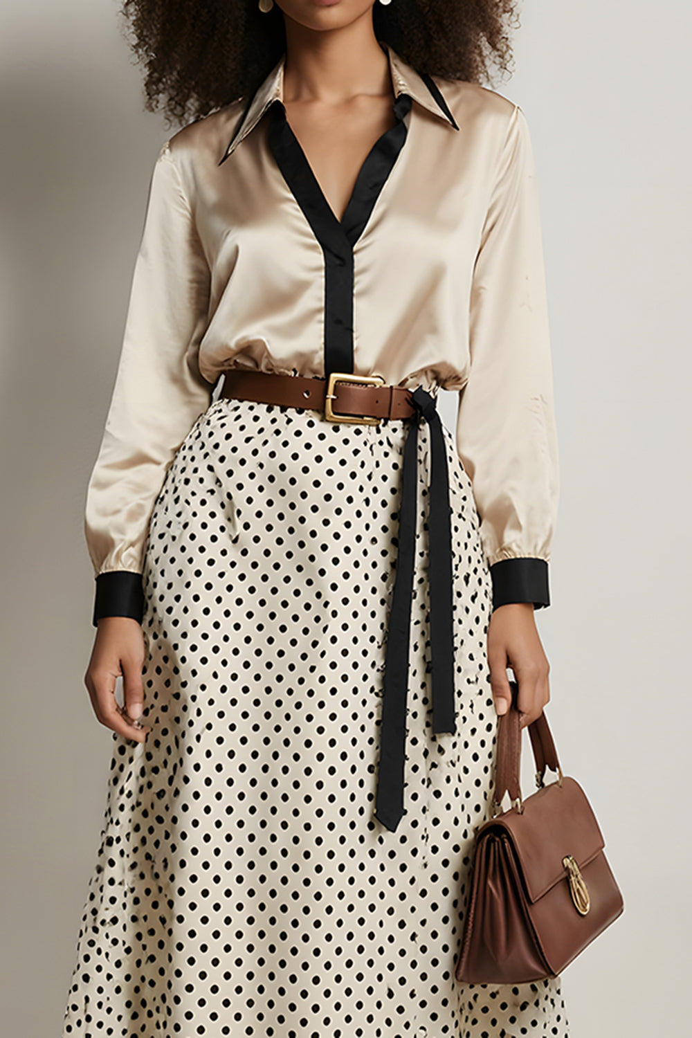 Champagne 2 Piece Satin A-Line Long Sleeves Midi Workwear