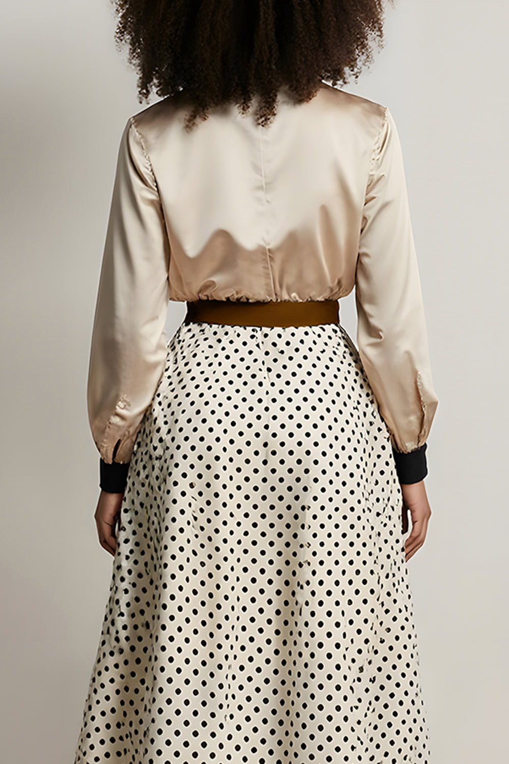 Champagne 2 Piece Satin A-Line Long Sleeves Midi Workwear