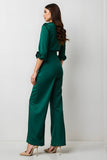 Dark Green Satin V-Neck Long Sleeves Business Jumpsuits