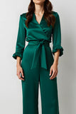 Dark Green Satin V-Neck Long Sleeves Business Jumpsuits