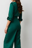 Dark Green Satin V-Neck Long Sleeves Business Jumpsuits