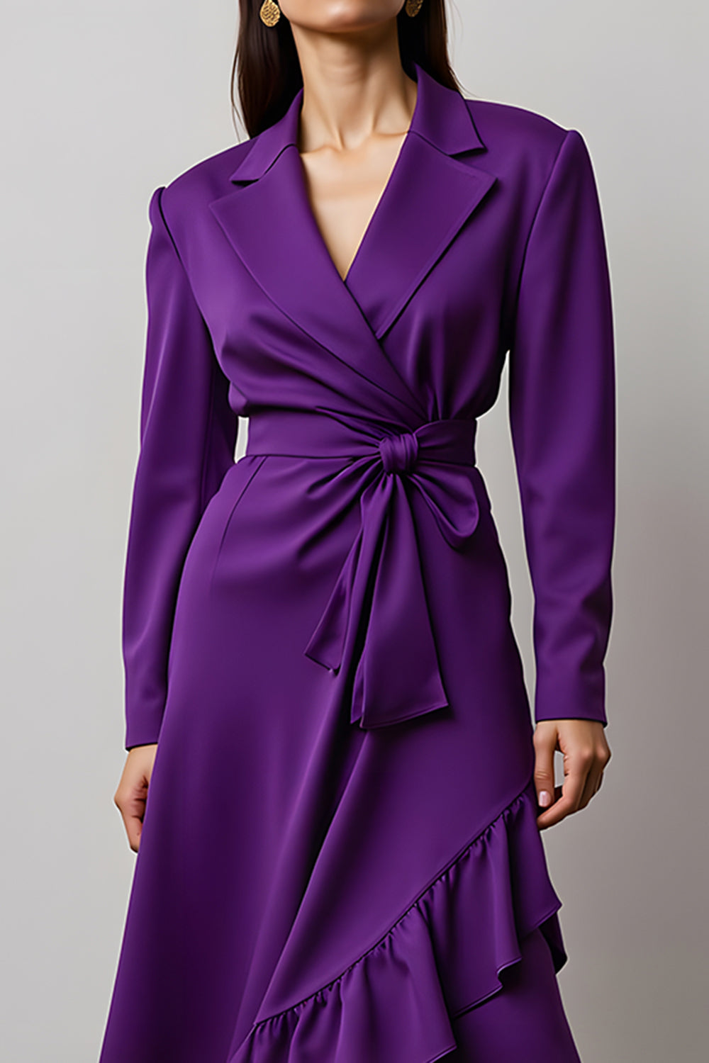 Dark Purple Notched Lapel Long Sleeves Work Dress with Ruffles