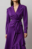 Dark Purple Notched Lapel Long Sleeves Work Dress with Ruffles