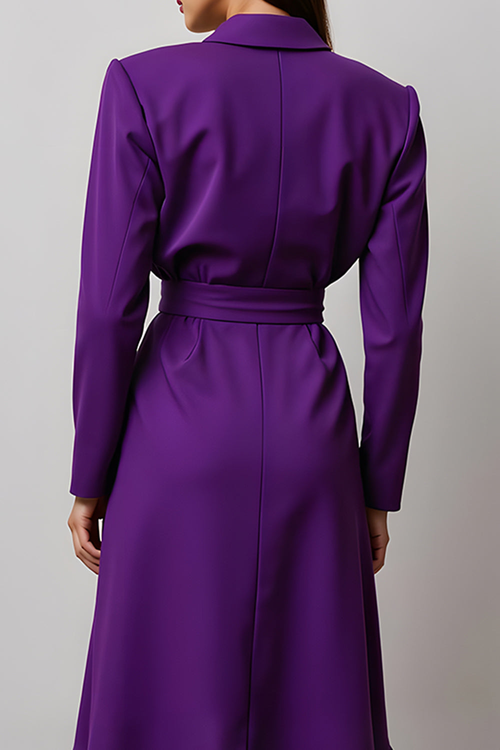 Dark Purple Notched Lapel Long Sleeves Work Dress with Ruffles
