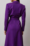 Dark Purple Notched Lapel Long Sleeves Work Dress with Ruffles