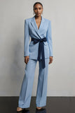 Light Blue 2 Piece Peak Lapel Long Sleeves Business Suits with Sash