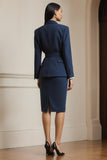 Navy 2 Piece Notched Lapel Long Sleeves Business Suits with Belt