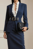 Navy 2 Piece Notched Lapel Long Sleeves Business Suits with Belt