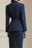 Navy 2 Piece Notched Lapel Long Sleeves Business Suits with Belt