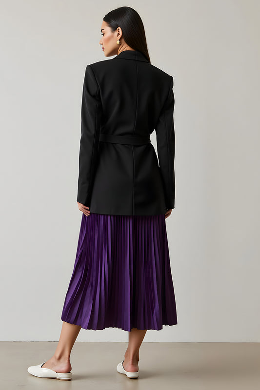 Black and Purple 2 Piece Peak Lapel Long Sleeves A-Line Pleated Business Suits