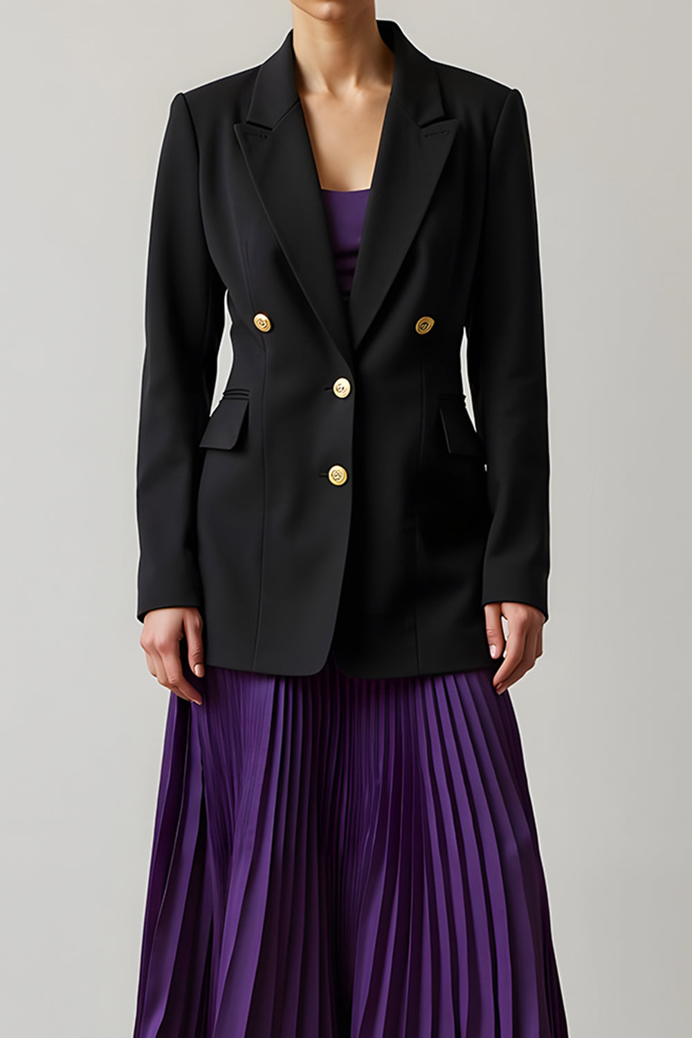Black and Purple 2 Piece Peak Lapel Long Sleeves A-Line Pleated Business Suits