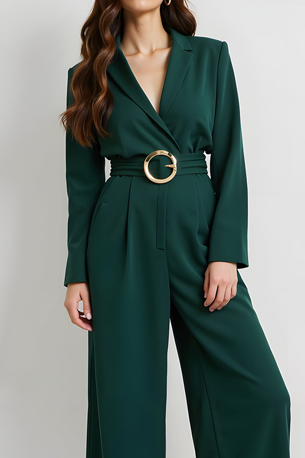 Dark Green Notched Lapel Long Sleeves Business Jumpsuits
