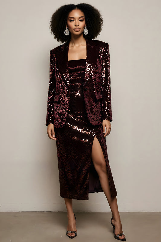 Sparkly Burgundy 2 Piece Sequin Peak Lapel Long Sleeves Prom Suits