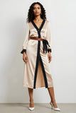 Champagne V-Neck Pencil Long Sleeves Work Dress with Belt