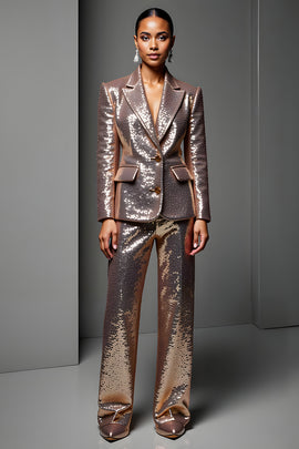 Sparkly Rose Golden 2 Piece Sequin Peak Lapel Long Sleeves Prom Suits