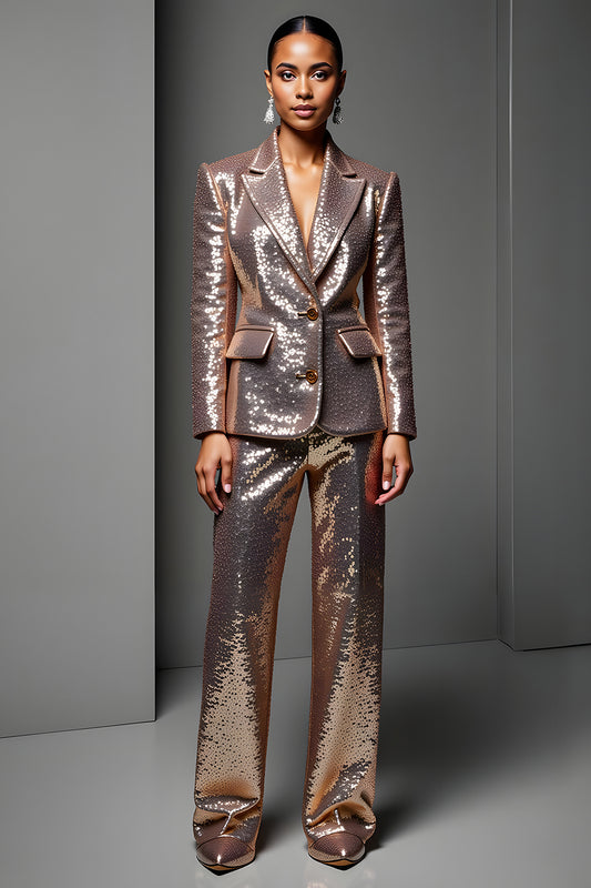 Sparkly Rose Golden 2 Piece Sequin Peak Lapel Long Sleeves Prom Suits